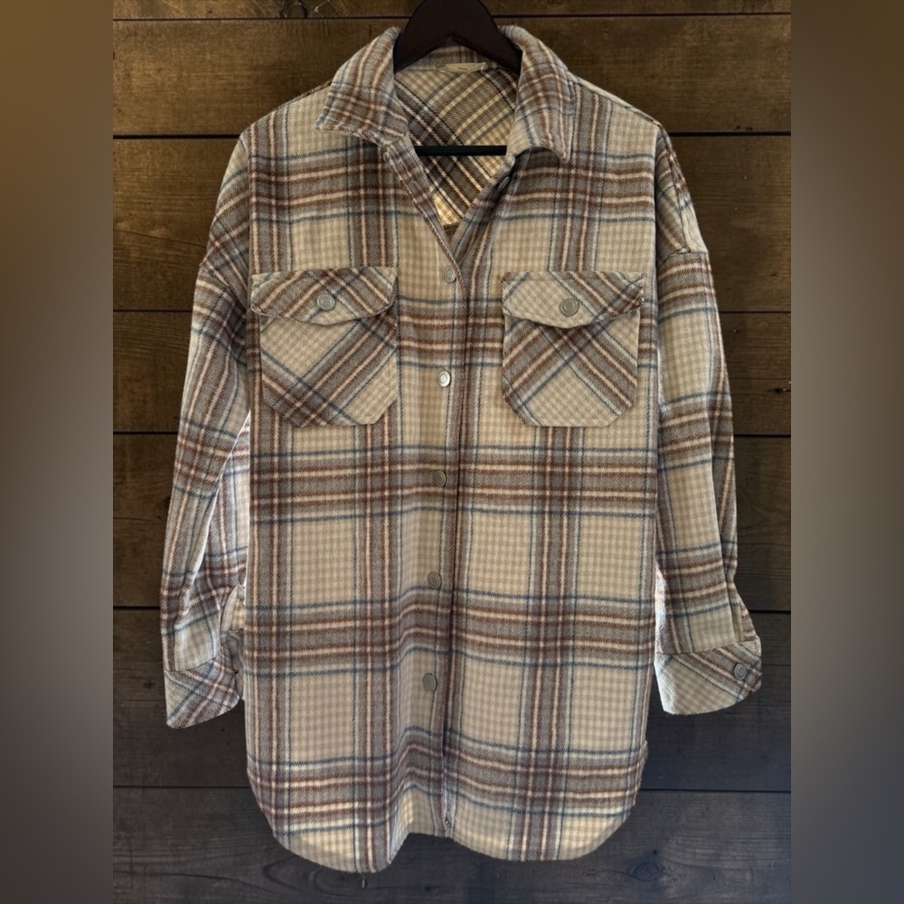 Altar'd State Cream Plaid Utility Shacket with Brown & Blue Stripes
